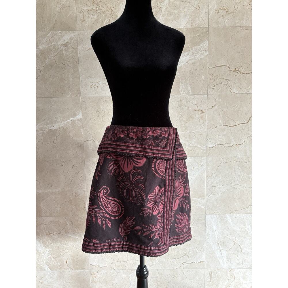 FARM Rio Gigi Floral Wrap Mini Skirt - L Brown Twill Bold Print Spring Statement